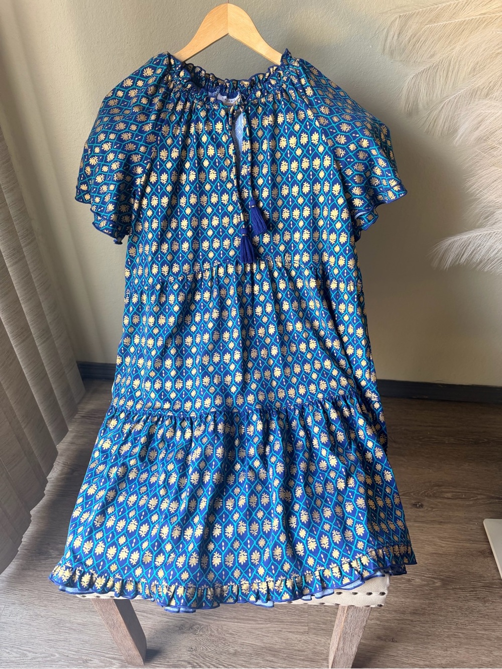 Cabana Life Blue Gold Print Tassel Dress Swim Cover Up Size M Beach Resort - Picture 3 of 17